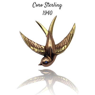 Vintage CORO CRAFT/ COROCRAFT Sterling Rose Gold Washed bird Swallow brooch - art.145/6
