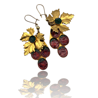 1960 dangling bunch grapes  long earrings with glittery enamel and gold- beautiful original earrings  -- art.486/3 