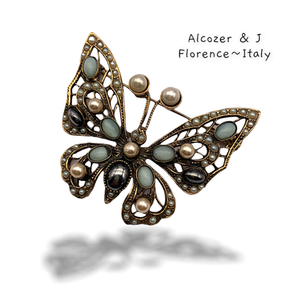 Alcozer & J signed Italian high range Jewellery brooch Firenze - Divine butterfly brooch w/pearls and moonstones - Art.185/6