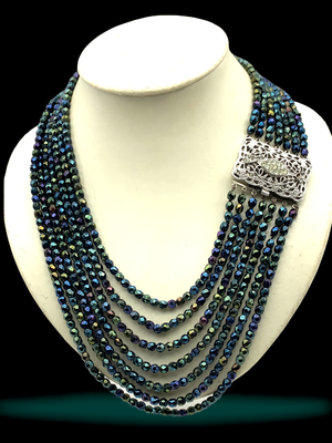 Vintage carnival glass cascade 7 strands necklace with jeweled clasp - Peacock glass bead necklace - Dark aurora borealis - art.792/4