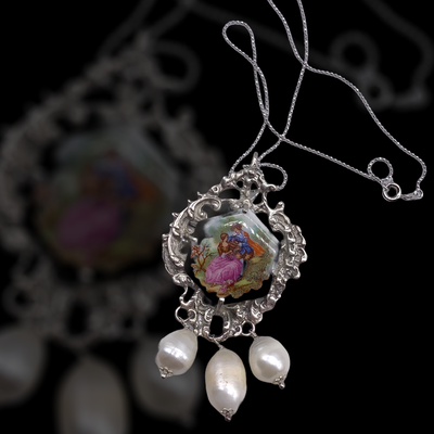 Gorgeous Fragonard scenes pendant / brooch  necklace -  porcelain and genuine baroque pearls with silver 800  -Art.69/4-