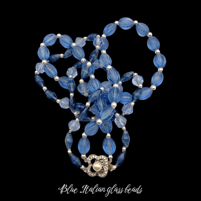 Two strands glass beads blue colors necklace - 60s mix shape with cornflower shade Venetian beads and simulated pearls - Art.69/6