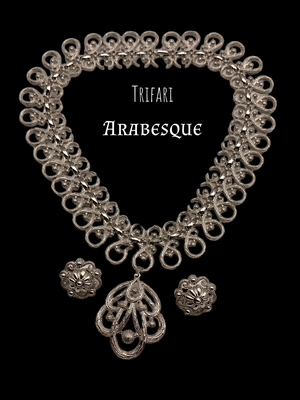 Superb Vintage Trifari Arabesque thick silver chain necklace w/pendant & earrings set, quality costume jewelry- art.540/5