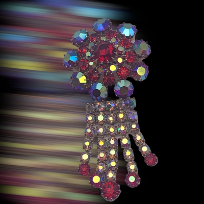 Vintage 1960's rhinestone dangle Brooch with Siam red/red cherry/AB rhinestones pronged on gold tone setting - fringe/tassel pin - art.349/6