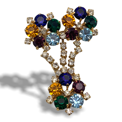 Large Bright 1950s vintage dangle brooch - beautiful multi colored crystals brooch - femininity and glamor -fruit salad Crystals--Art.401