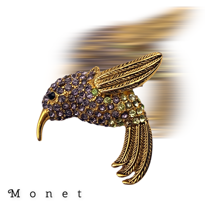 MONET vintage rhinestone gold Hummingbird brooch pin jeweled w/green and violet rhinestones - art.62/6