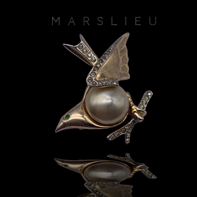 Marslieu Sterling vermeil pearl belly bird on branch pin with rhinestones. - Art.829/5