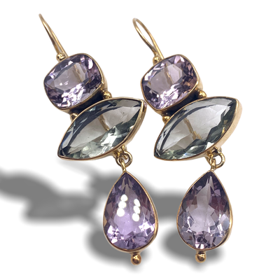 Fabulous Liberty-inspired earrings w/genuine Light Lilac Amethyst & Light Green Peridot set in 925 sterling gold plated setting-art.214/6-SOLD OUT