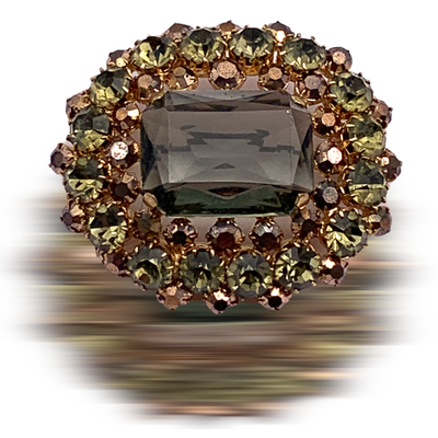 1950s amazing brooch with large Smoky Topaz open back stone framed by gold/bronze faceted crystals and smoky/olive chatons - Art.741/5