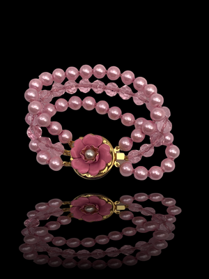 60s wedding 3strands simulated pink pearls & crystal beads bracelet  -Art.203/4
