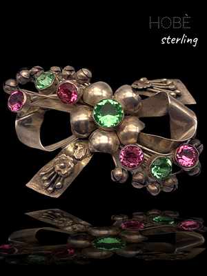 1944s HOBE large Sterling brooch-richly made w/green & pink sparks,berries,flowers arranged bouquet spray on large bow/ribbon-Art.290/5