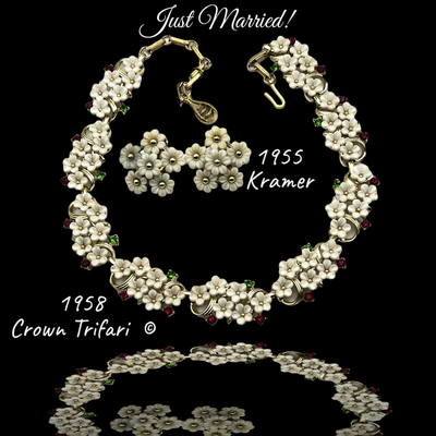 TRIFARI white molded lucite flowers w/crystal rhinestone married- cluster flowers earrings - lovely designer match- Art.525/6