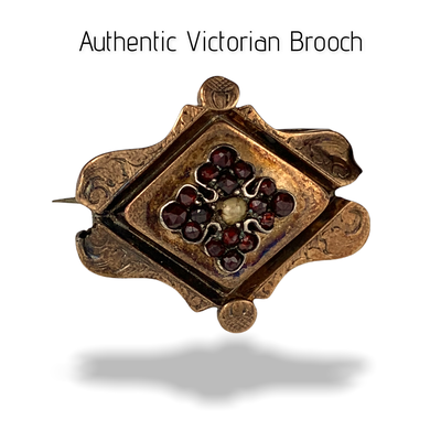 Authentic Victorian brooch - seed pearl & genuine garnet hand-cut stones - antique Victorian pinchbeck jewellery for collector-Art.364/5