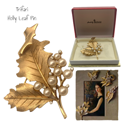 Fabulous TRIFARI Holly Leaf Faux Pearl Berry & Rhinestone pin - a amazing design w/original case - Art.90/5