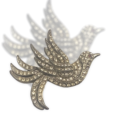 Adorable figural Bird / Dove / bird of Paradise clear Rhinestone Brooch - figural paveded dazzling rhinestones on silver tone -art.481/5