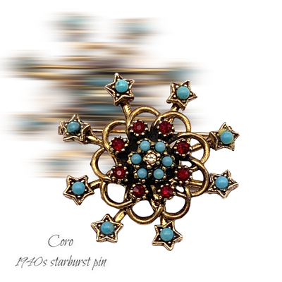 Fabulous Turquoise & Garnet STARBURST or SNOWFLAKE Design Vintage Vermeil Brooch - 1940s unsigned CORO - Art.902/5