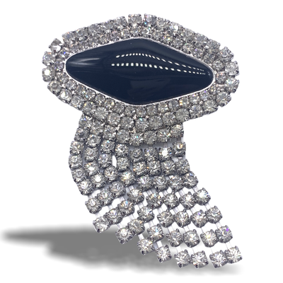 Large dangling crystals fringe tassel brooch - glass black cabochon and many dazzling chatons - Italian brooch signed- Art.85/4