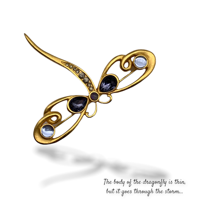 Figural opaque Gold Tone Dragonfly Brooch/Pin gracefully adorned with stones in cornflower shades - art.133/6