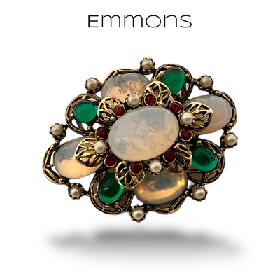 EMMONS signed lovely festive brooch w/simulated Moonstones,ruby red crystals, green cabs and seed pearls set on gold tone setting-Art.671/6-SOLD