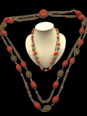 1960s two strand chain beaded necklace - beads in salmon color and gold for a chic look  -Art.362/4-