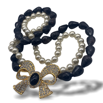 Eye-catching black and white two strands choker necklace - glass pearls & natural Black Agate stones closed by bold jeweled bow- art.264/5
