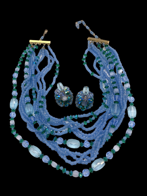 Fabulous BLUE Glass & GREEN Crystal 1960s Vintage Venetian Multi Strand Necklace and clip earrings set - Art.876/3