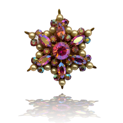 Super sparkly Vintage Snowflake/Star brooch aurora borealis rhinestones and small pearls c. 1950 - sparkling Pink light boreal - Art.575/4