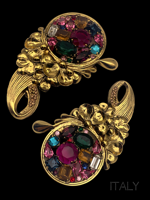 High End signed Fiorini Oreste Designer 70s Horn of Plenty or Cornucopia Figural multicolor Rhinestone Brooch-Italian high fashion jewelery-Art.649/4