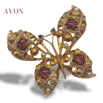 Elegance and grace for a precious butterfly - Book Pieces Brooch 1960 signature AVON - crystals and micro pearls on gold openwork-Art.851