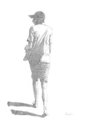砂浜を歩く少年 2001年 鉛筆