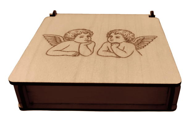 Geschenkbox aus Holz mit Engelmotiv handgefertigt