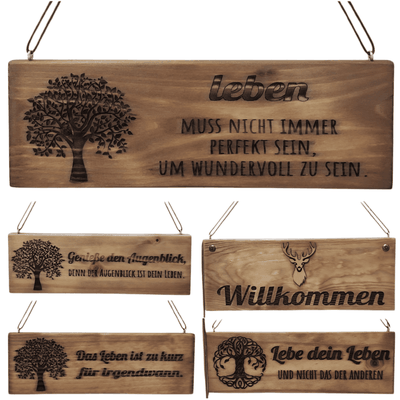Holzschild mit Spruch und Baumgravur handgefertigt