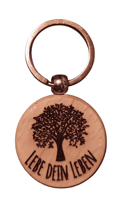 Schlüsselanhänger aus Holz mit Baum und Schriftzug Lebe dein Leben