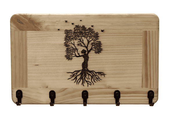 Schlüsselbrett aus Massivholz mit Baum des Lebens und Haken