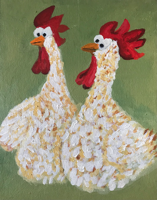 Die zwei lustigen Hühner: Eidrun und Dotti!,2023, Öl auf Malplatte,24 x 30 cm
