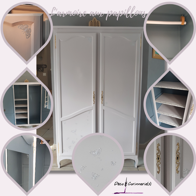 Rénovation Déco & Corinnerie(s) | APRES Armoire Parisienne Rose tendre et papillons argents, intérieur gris anthracite, miroirs sur porte, papiers peints sur bord d'étagères roses tendre, tringle et supports cuir fabrication maison, entrées de serrure or
