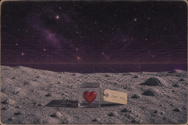 Computercollage mit ästhetischer Mondlandschaft und Herz in Klarsichtbox von Uta Nitschke