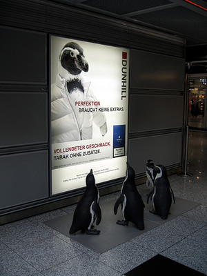 Dunhill, gegossene Pinguine aus Beton mit Stahlgerüst, Flughafen Düsseldorf