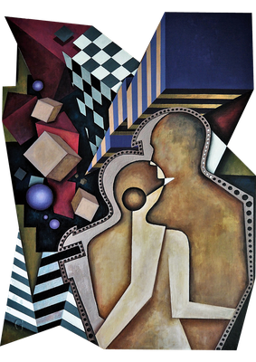 "Verschmelzung", Acryl auf Holz/Keilrahmen, spezielles Format mit ausgesägten Kanten, ca. 80x60cm