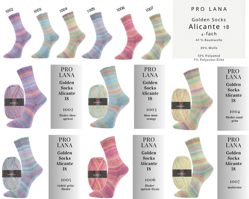 Das Bild zeigt die Farbkarte des Sockengarns Pro Lana Golden Socks Alicante 18 mit Knäueln und Socken mit entsprechendem Farbverlauf