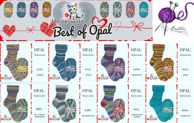 Das Foto zeigt die Farbkarte des Sockengarns Opal Meisterwerke Best of Opal.