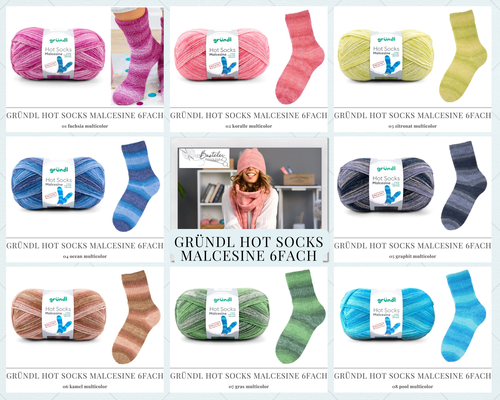 Das Foto zeigt die Farbkarte des Sockengarns Gründl Hot Socks Malcesine 6fach. Abgebildet sind alle erhältlichen Farben mit Knäueln und der entsprechenden Farbe.