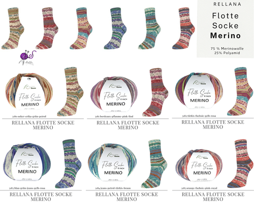 Das Bild zeigt die Farbkarte des Sockengarns Flotte Socke Merino mit Wollknäuel und Socken