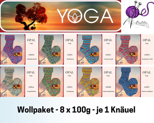 Das Foto zeigt das Wollpaket des Sockengarns Opal Yoga. Abgebildet sind Knäuel und Socken mit dem entsprechenden Farbverlauf.
