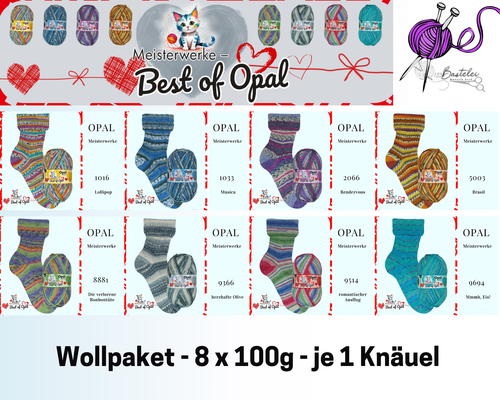 Das Foto zeigt das Wollpaket des Sockengarns Opal Meisterwerke Best of Opal. Abgebildet sind Knäuel und Socken mit dem entsprechenden Farbverlauf.