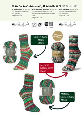 Das Bild zeigt die Farbkarte des Sockengarns Flotte Socke Christmas / Christmas Metallic mit Wollknäuel und Socken