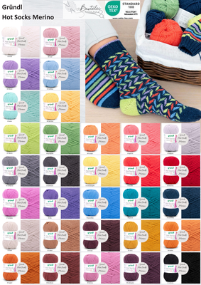 Das Bild zeigt die Farbkarte des Sockengarns Gründl Hot Socks Merino mit Wollknäuel und Socken
