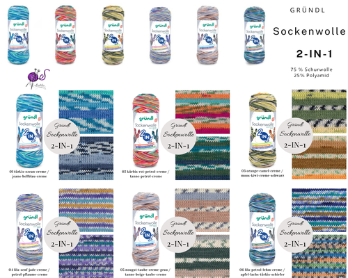 Das Foto zeigt die Farbkarte des Sockengarns Gründl Sockenwolle 2-IN-1. Abgebildet sind die Wollknäuel mit den zugehörigen Farbverläufen.