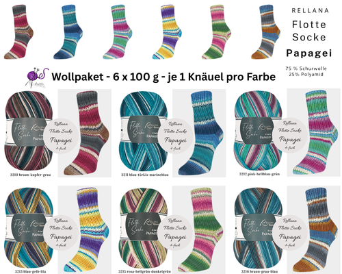 Das Foto zeigt das Wollpaket des Sockengarns Rellana Flotte Socke Papagei. Abgebildet sind Knäuel und Socken mit dem entsprechenden Farbverlauf.