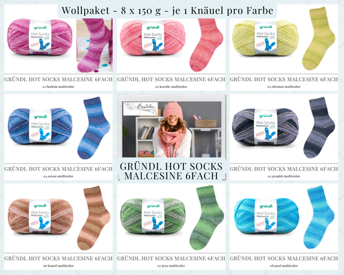 Das Foto zeigt die Farbkarte des Sockengarn-Wollpaketes Gründl Hot Socks Malcesine 6fach. Abgebildet sind alle erhältlichen Farben mit Knäueln und der entsprechenden Farbe.